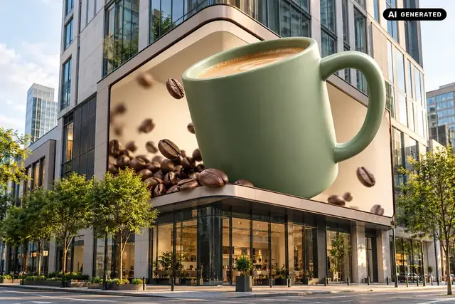 AI-generated example: A mug appears to project out of a facade billboard.
