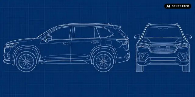 AI-generated example: An SUV becomes a schematic line drawing on a blue background, without invented measurements.
