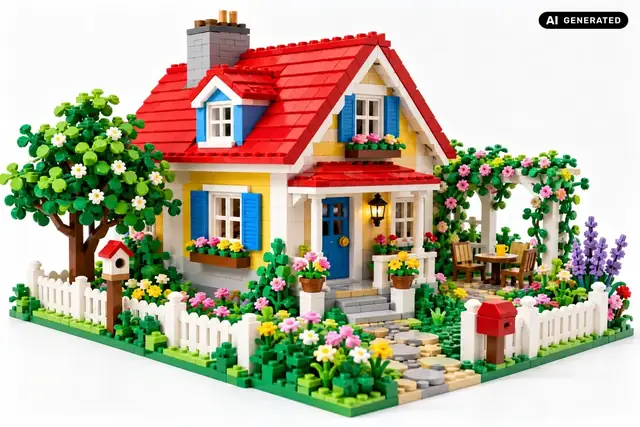 AI-generated example: A house becomes a brick model with tiny windows and a garden.