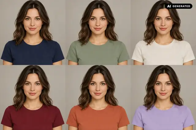 AI-generated example: A grid shows the same portrait with blue, cream and olive tops.
