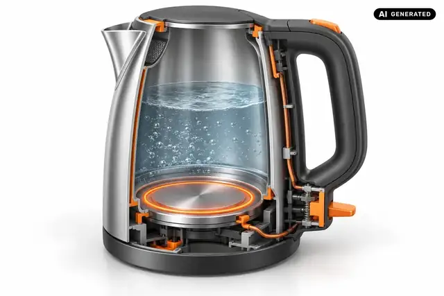 AI-generated example: A kettle shows its water chamber, heating plate, handle and switch in a schematic cutaway.