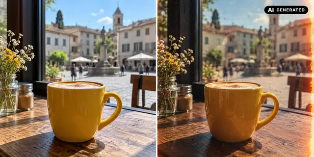 AI-generated example: Before: neutral source photo. After: Classic film photography.