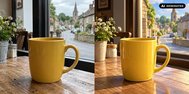 AI-generated example: Before: neutral source photo. After: Rendered in 3D.