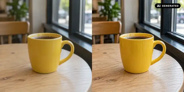 AI-generated example: Before: neutral source photo. After: Detailed photo look.