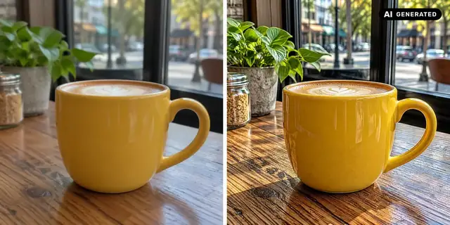 AI-generated example: Before: neutral source photo. After: Ultra-fine details.