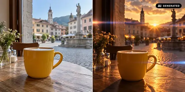 AI-generated example: Before: neutral source photo. After: Widescreen cinema.