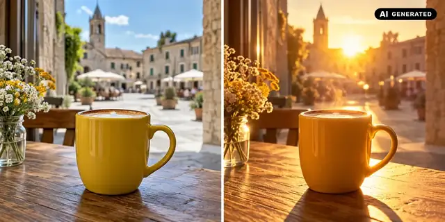 AI-generated example: Before: neutral source photo. After: Light from behind.