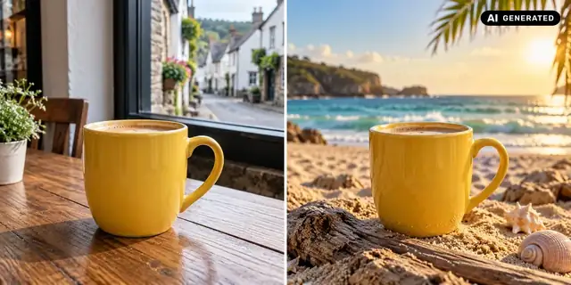 AI-generated example: Before: neutral source photo. After: A day at the beach.