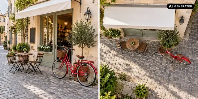 AI-generated example: Before: neutral source photo. After: A bird’s-eye view.