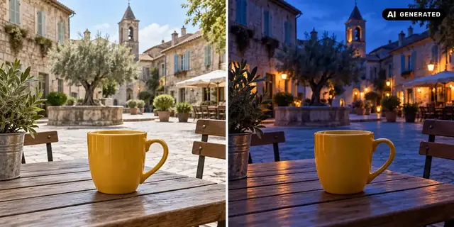 AI-generated example: Before: neutral source photo. After: The blue hour.