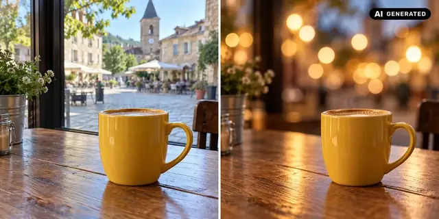 AI-generated example: Before: neutral source photo. After: Soft background lights.