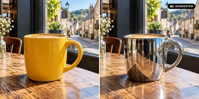 AI-generated example: Before: neutral source photo. After: Shining chrome.