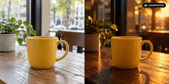AI-generated example: Before: neutral source photo. After: Like a film scene.