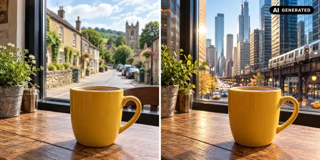 AI-generated example: Before: neutral source photo. After: In the city.