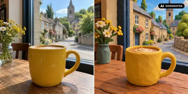 AI-generated example: Before: neutral source photo. After: Made from clay.