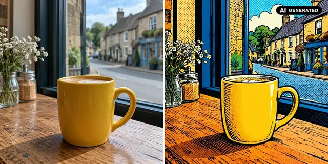 AI-generated example: Before: neutral source photo. After: Like a comic book.