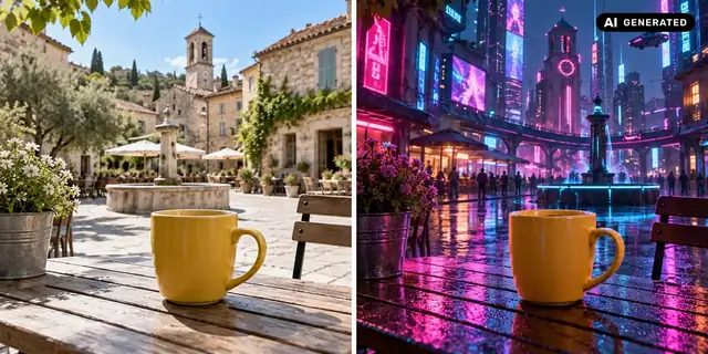 AI-generated example: Before: neutral source photo. After: A neon future.