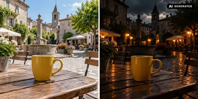 AI-generated example: Before: neutral source photo. After: Dark and atmospheric.