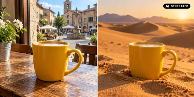 AI-generated example: Before: neutral source photo. After: In the desert.