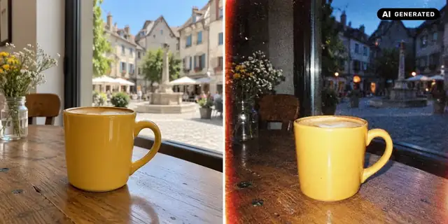 AI-generated example: Before: neutral source photo. After: Like a disposable camera.