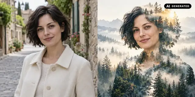 AI-generated example: Before: neutral source photo. After: Two images, one subject.