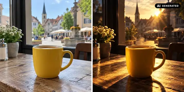 AI-generated example: Before: neutral source photo. After: Dramatic light.