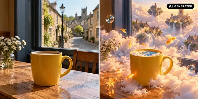 AI-generated example: Before: neutral source photo. After: Like a dream.