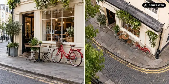AI-generated example: Before: neutral source photo. After: From a drone perspective.