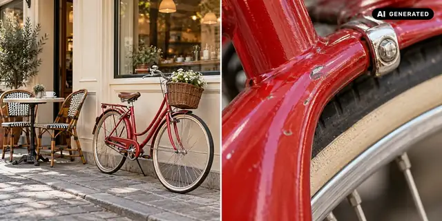 AI-generated example: Before: neutral source photo. After: Up close.