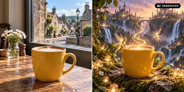 AI-generated example: Before: neutral source photo. After: A fantasy world.