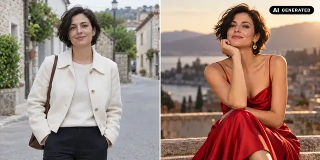 AI-generated example: Before: neutral source photo. After: A fashion moment.