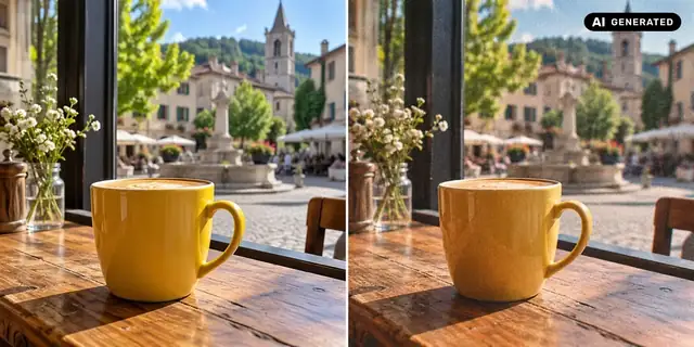 AI-generated example: Before: neutral source photo. After: A little film grain.