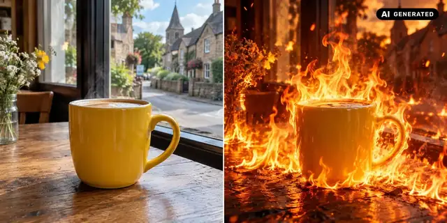 AI-generated example: Before: neutral source photo. After: Light from flames.