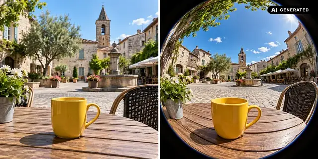AI-generated example: Before: neutral source photo. After: The world in fisheye.
