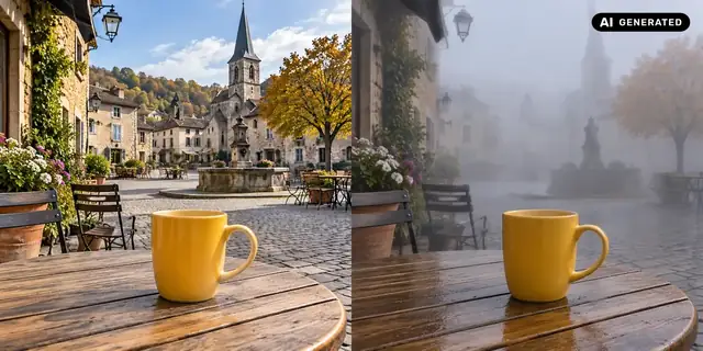 AI-generated example: Before: neutral source photo. After: In the fog.