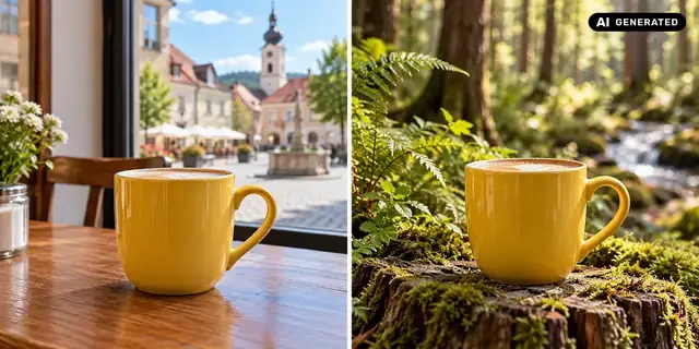 AI-generated example: Before: neutral source photo. After: Among the trees.