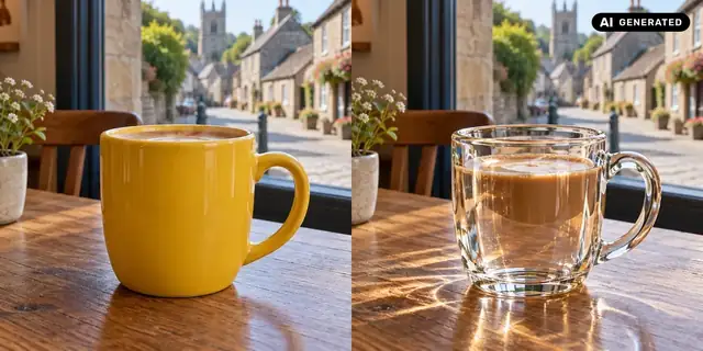 AI-generated example: Before: neutral source photo. After: A subject made of glass.