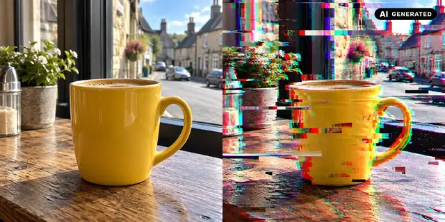 AI-generated example: Before: neutral source photo. After: A digital glitch.