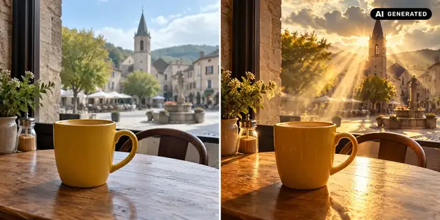 AI-generated example: Before: neutral source photo. After: Sunbeams in the scene.