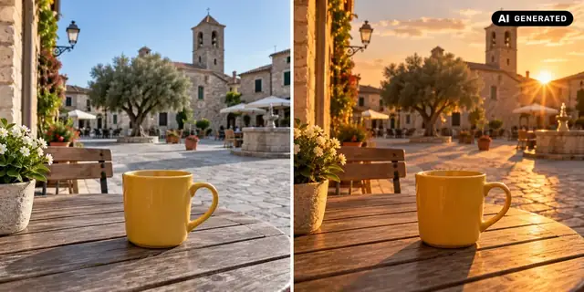 AI-generated example: Before: neutral source photo. After: Golden light.