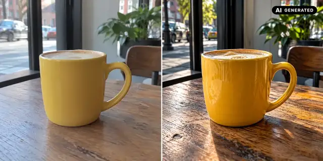 AI-generated example: Before: neutral source photo. After: Natural and sharp.