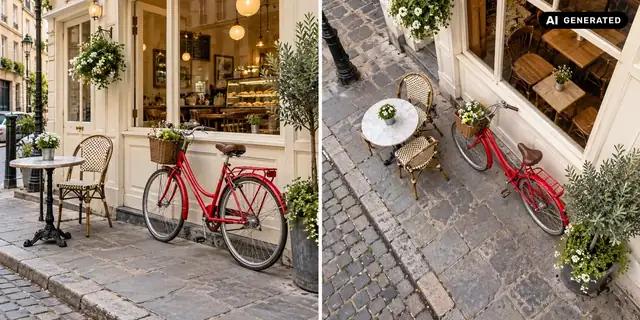 AI-generated example: Before: neutral source photo. After: Viewed from above.