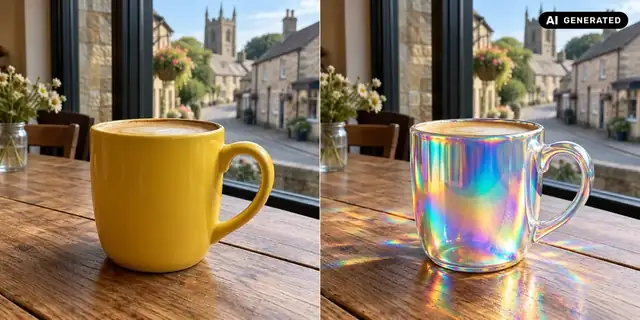 AI-generated example: Before: neutral source photo. After: Iridescent material.