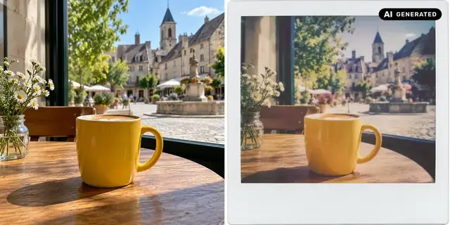 AI-generated example: Before: neutral source photo. After: A spontaneous instant photo.