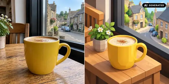 AI-generated example: Before: neutral source photo. After: An isometric view.