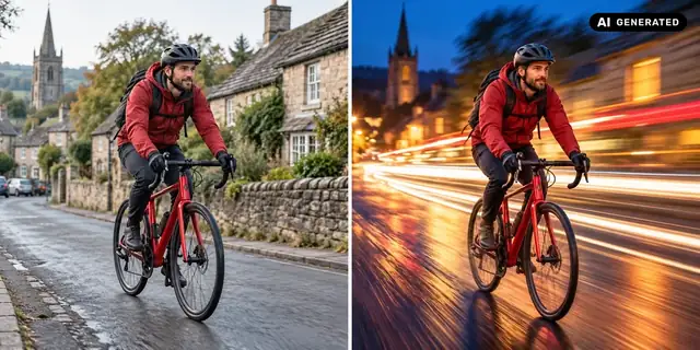 AI-generated example: Before: neutral source photo. After: Time as light trails.