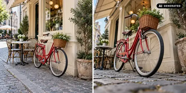 AI-generated example: Before: neutral source photo. After: Viewed from below.