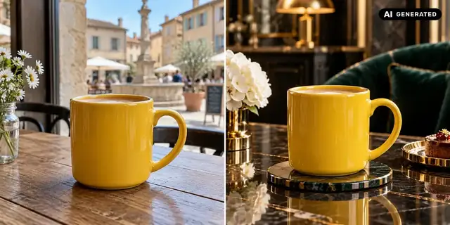 AI-generated example: Before: neutral source photo. After: A premium presentation.