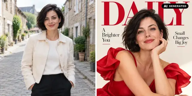 AI-generated example: Before: neutral source photo. After: Your subject on the cover.