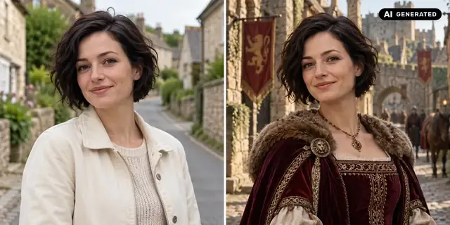 AI-generated example: Before: neutral source photo. After: A journey to medieval times.